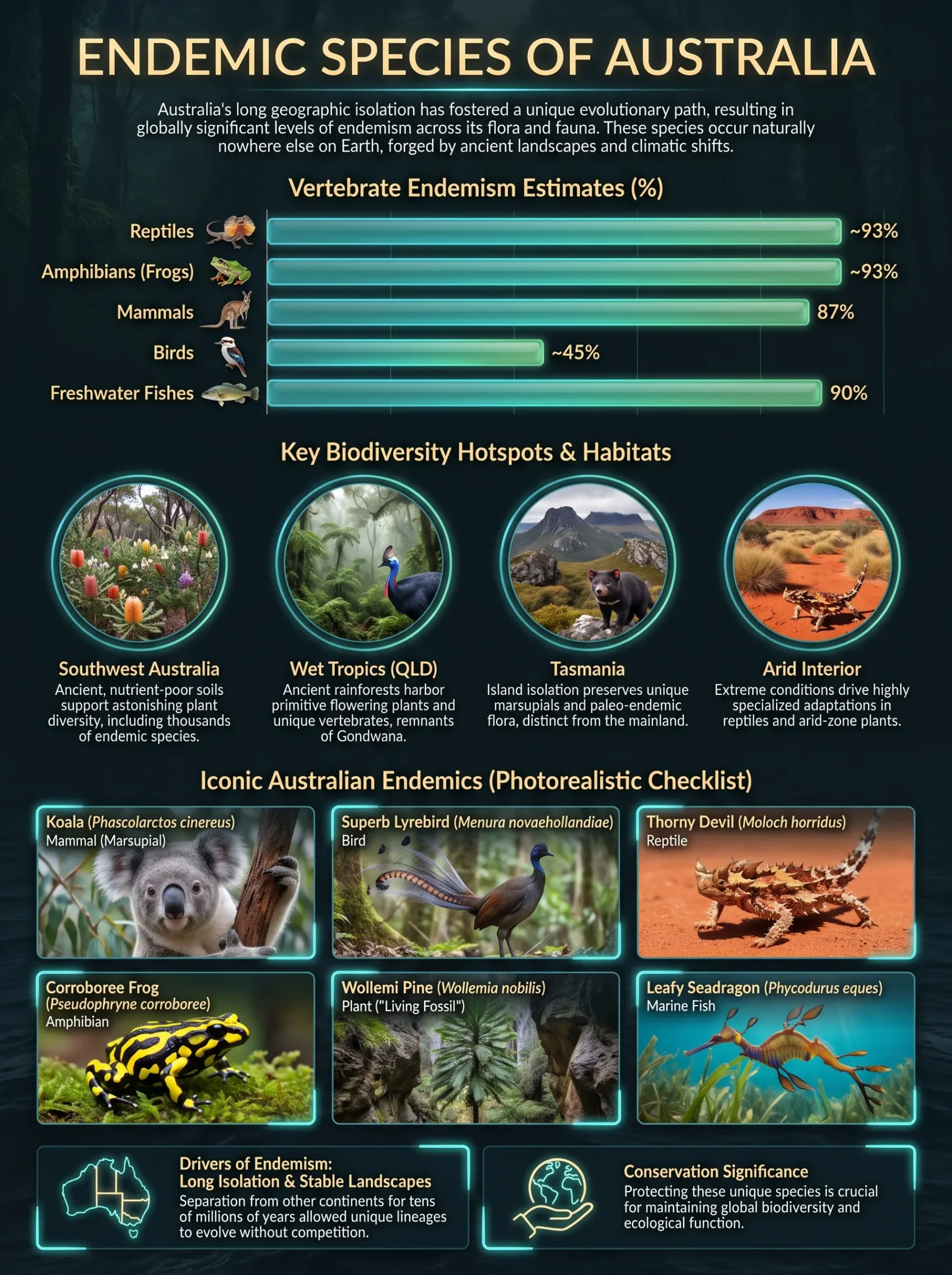 Australian endemic species, showcasing unique wildlife and habitats found only in Australia.