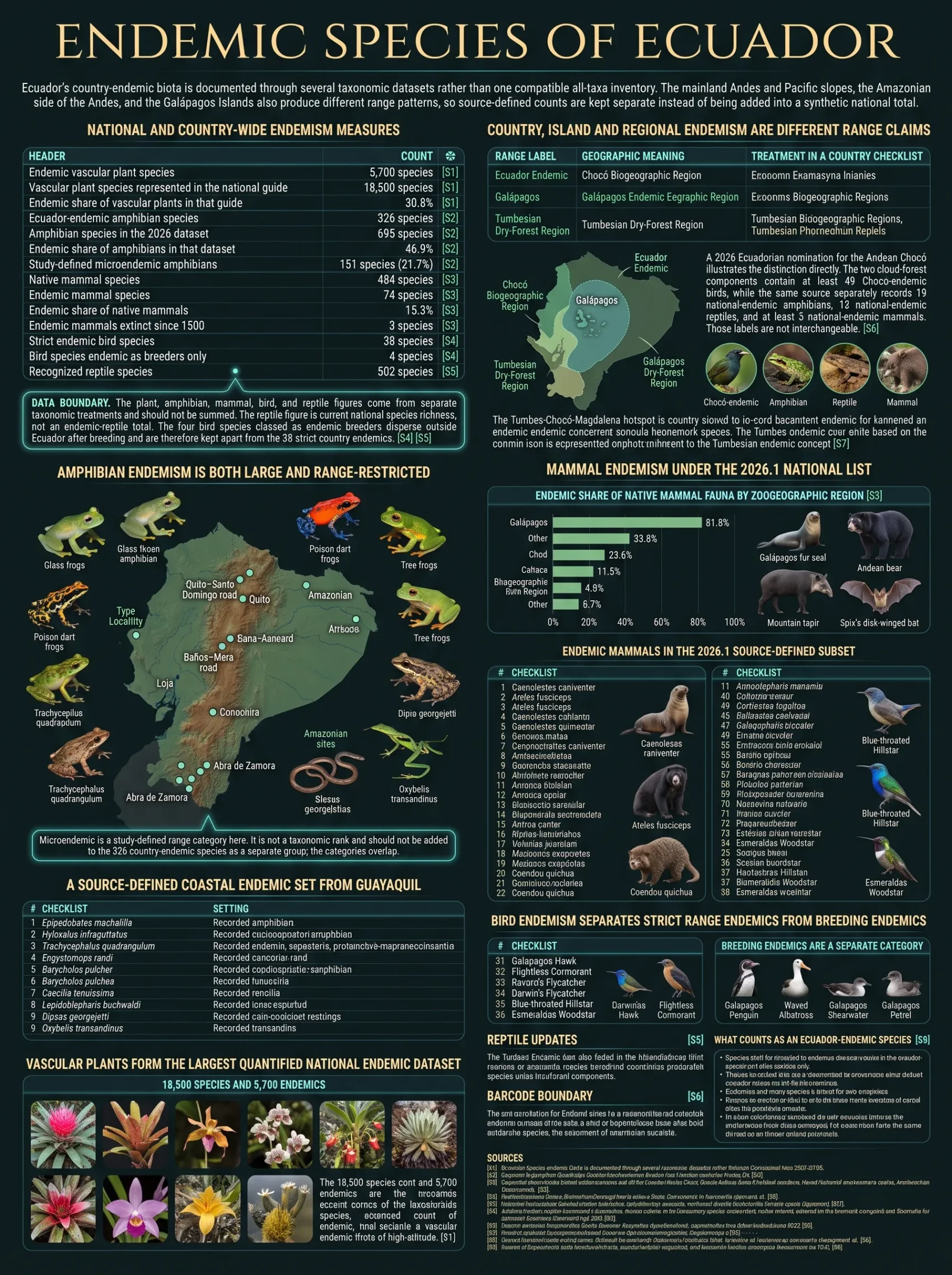Ecuador's endemic species are shown on a detailed map emphasizing the country's unique biodiversity.