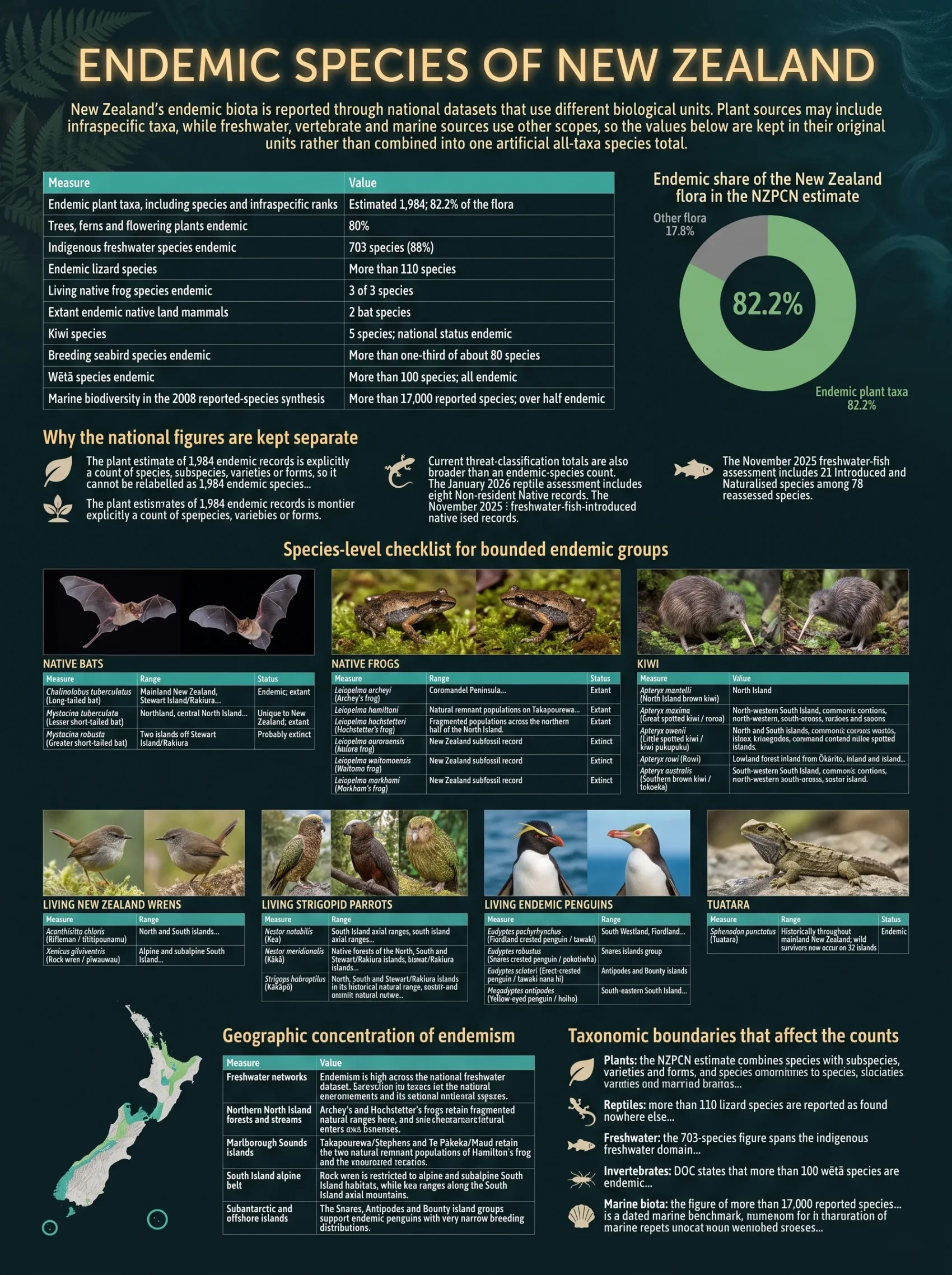 New Zealand's unique endemic species, including native birds, insects, and plants, thrive only in its isolated environment.
