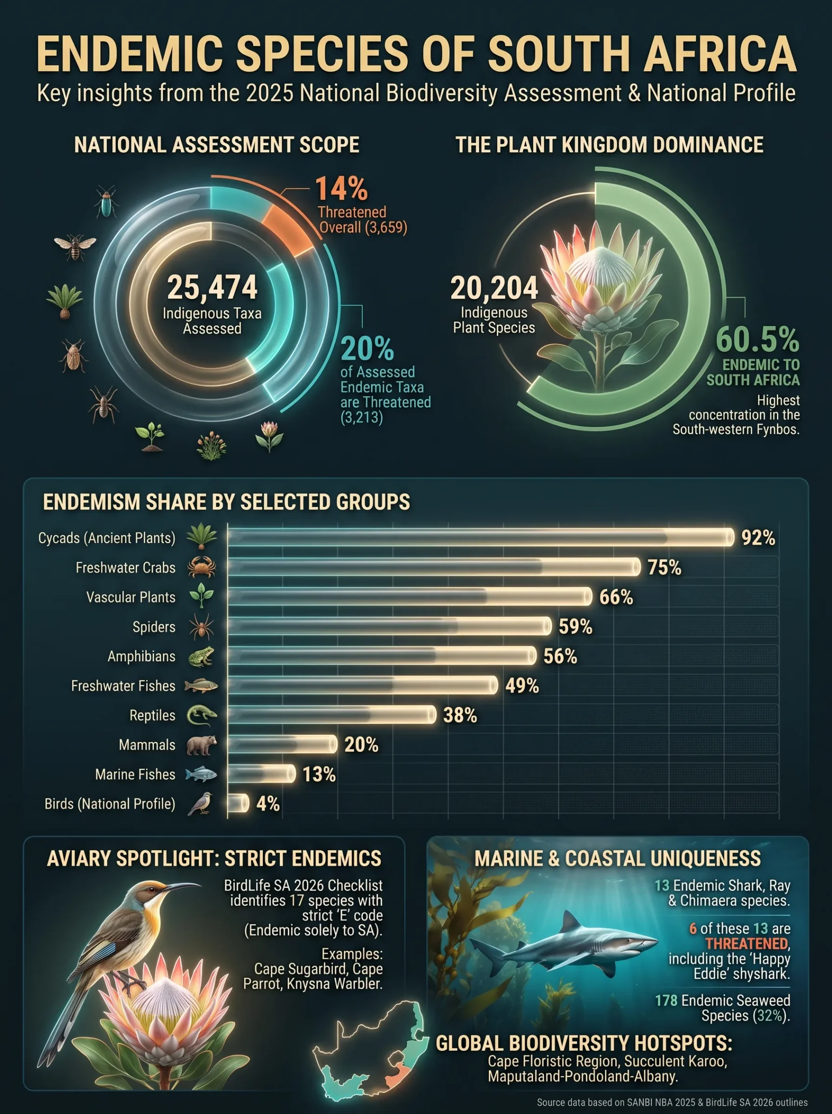 South Africa's endemic species are shown in a detailed infographic with data on biodiversity and conservation status.