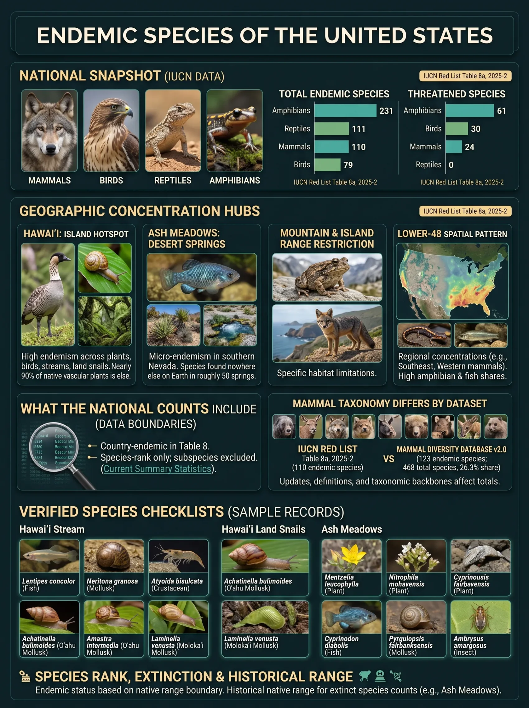 Various endemic species of the United States shown in their natural habitats across different regions.