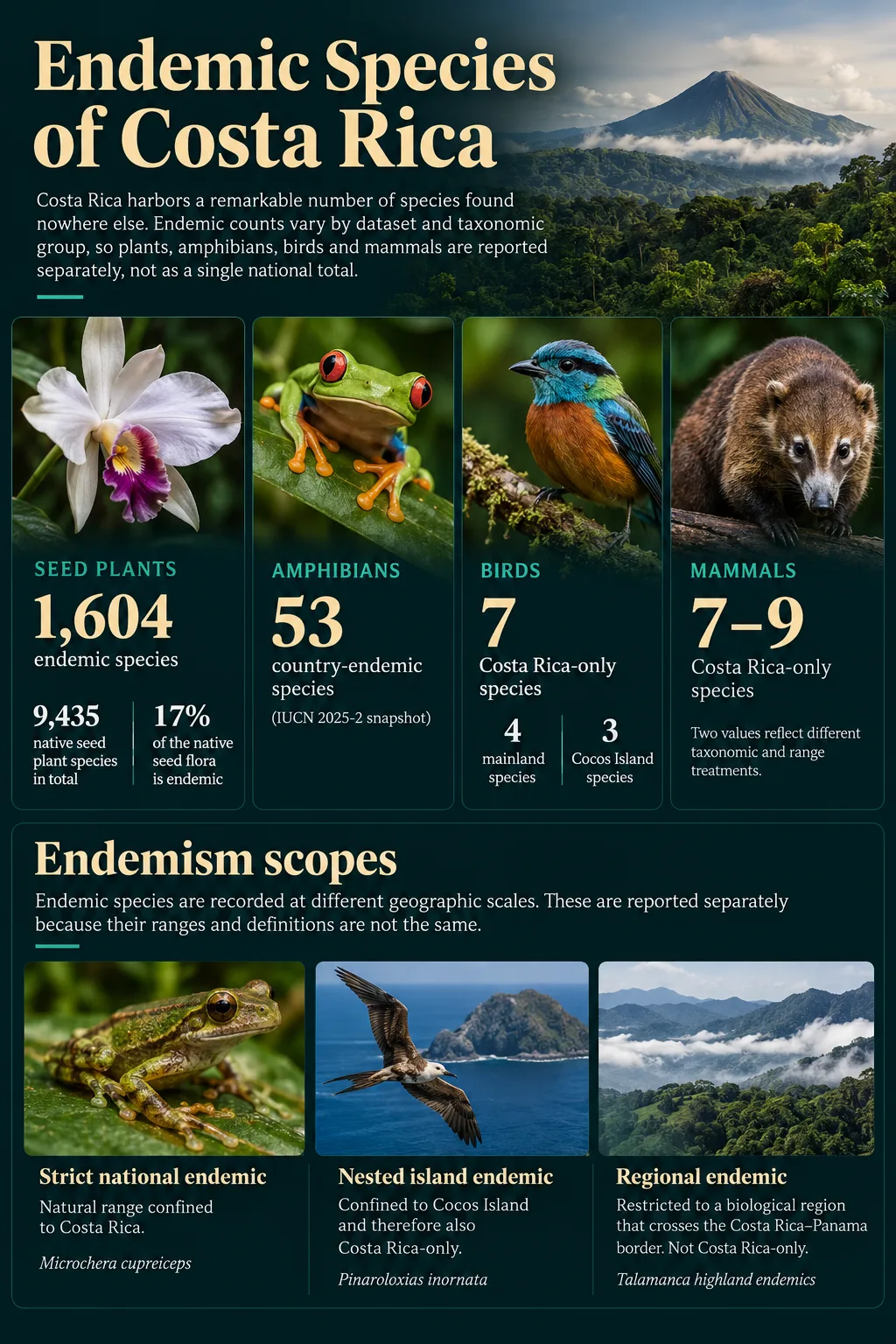 Costa Rica's endemic species include unique orchids, colorful birds like toucans, and rare mammals such as the jaguar.