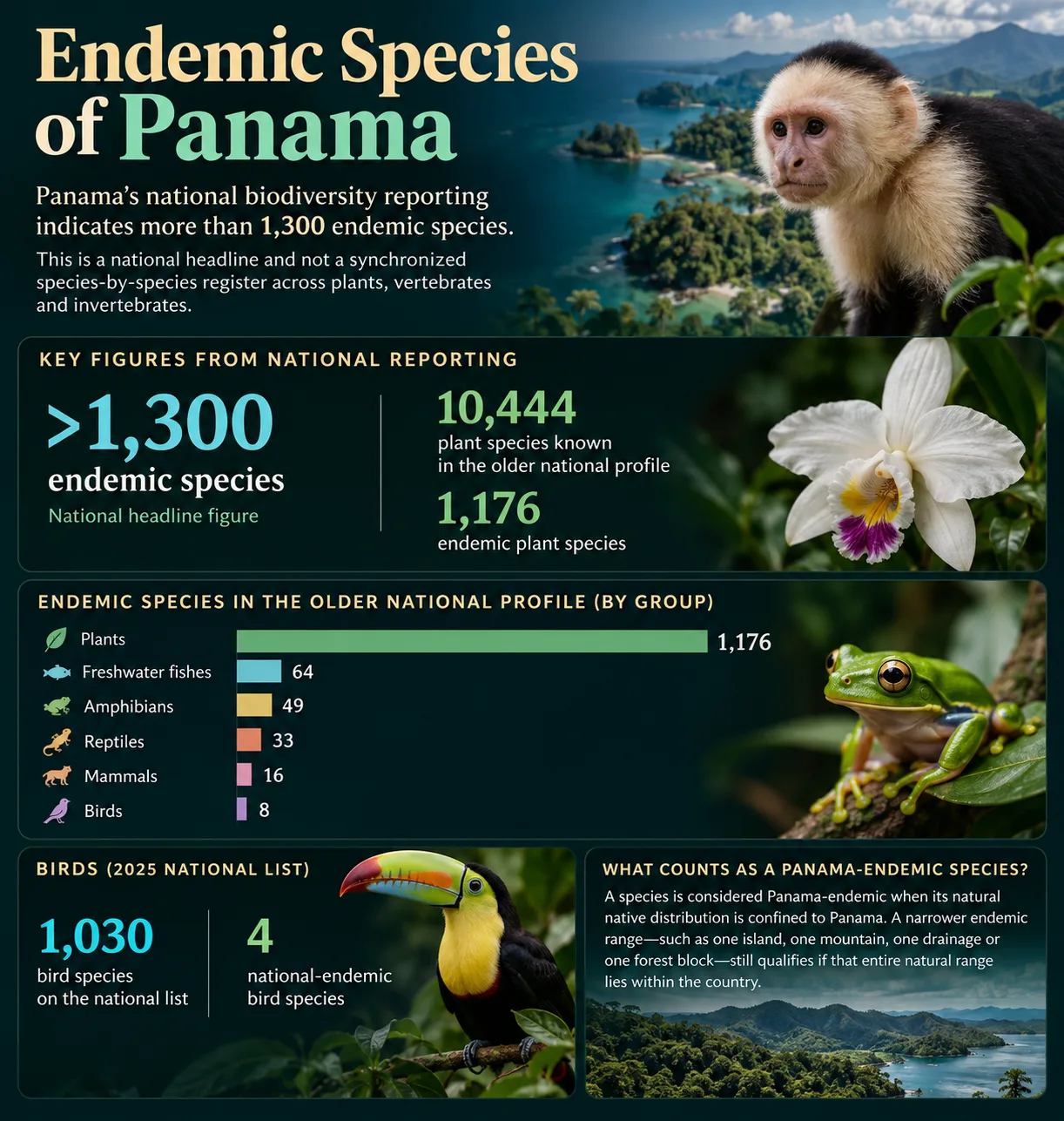 Panama's endemic species include unique frogs, butterflies, and plants found only in this country's diverse habitats.