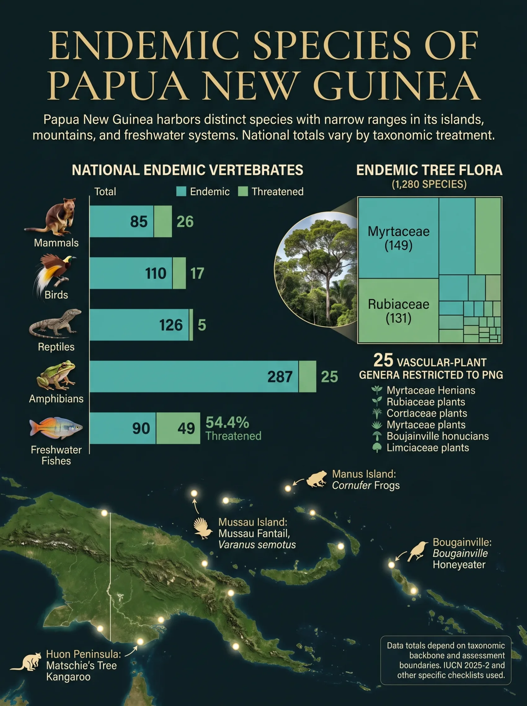 Papua New Guinea's endemic species include unique birds, plants, and insects found only in this country.