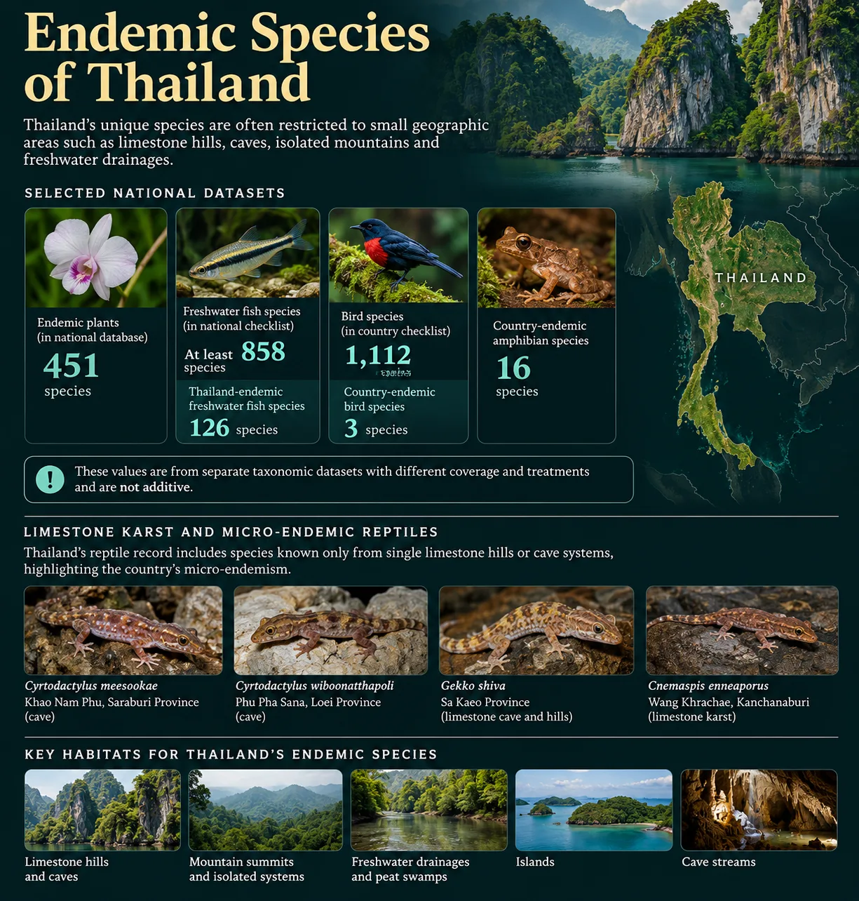 A detailed infographic of endemic species in Thailand showing various animals and plants unique to the country.